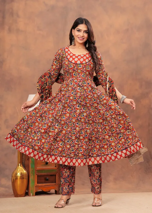 Dark_orange_&_off_white_Anarkali__Kurti_Pant_set_With_Dupatta