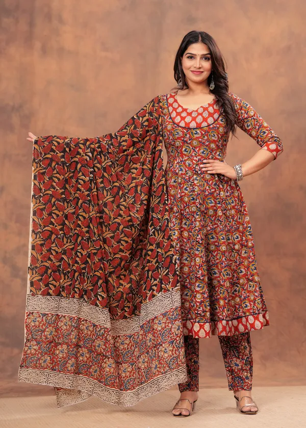 Dark_orange_&_off_white_Anarkali__Kurti_Pant_set_With_Dupatta