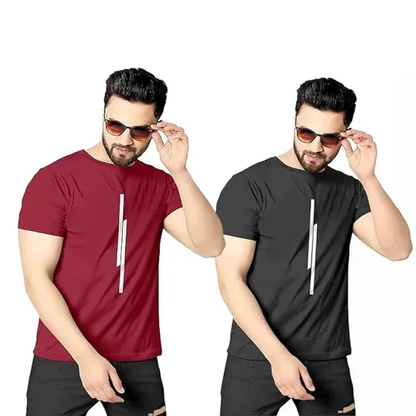 Pack_Of_2_Black_&_Maroon__Self_Design_Polyester_Round_Neck_T-Shirt_For_Men
