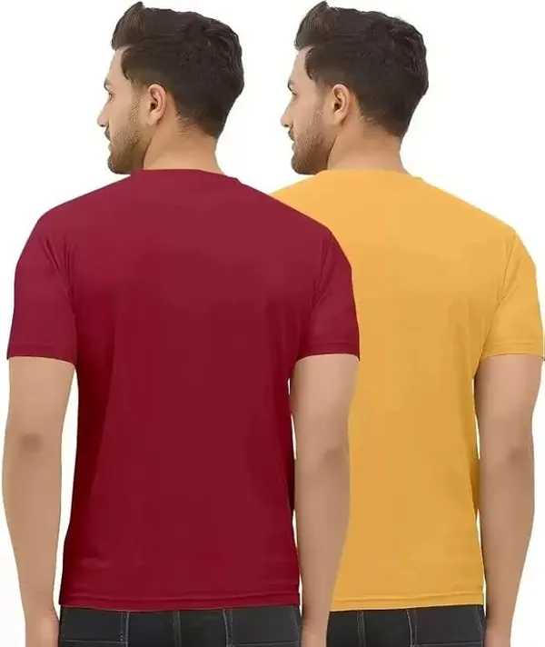 Pack_Of_2_Mustard__&_Maroon_Self_Design_Polyester_Round_Neck_T-Shirt_For_Men