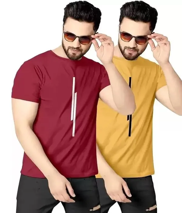 Pack_Of_2_Mustard__&_Maroon_Self_Design_Polyester_Round_Neck_T-Shirt_For_Men
