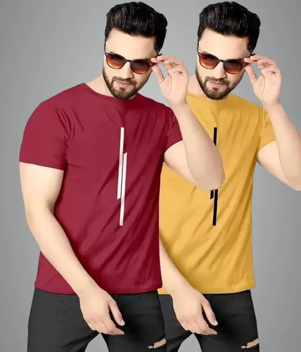 Pack_Of_2_Mustard__&_Maroon_Self_Design_Polyester_Round_Neck_T-Shirt_For_Men