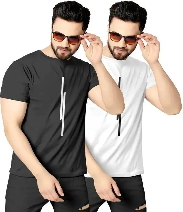 Pack_Of_2_White_&_Black_Self_Design_Polyester_Round_Neck_T-Shirt_For_Men