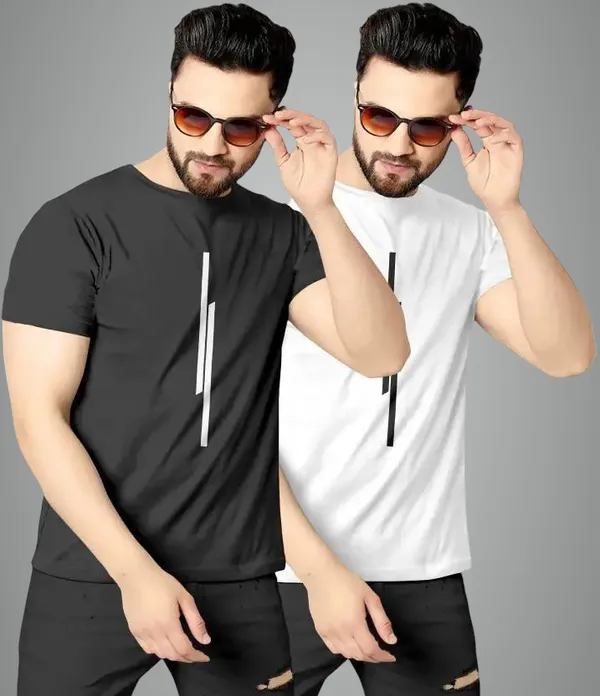 Pack_Of_2_White_&_Black_Self_Design_Polyester_Round_Neck_T-Shirt_For_Men