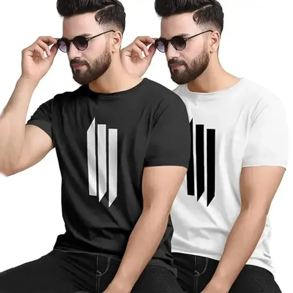 Pack_Of_2_White_&_Black_Self_Design_Polyester_Round_Neck_T-Shirt_For_Men