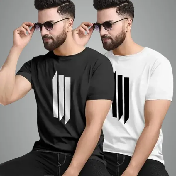 Pack_Of_2_White_&_Black_Self_Design_Polyester_Round_Neck_T-Shirt_For_Men