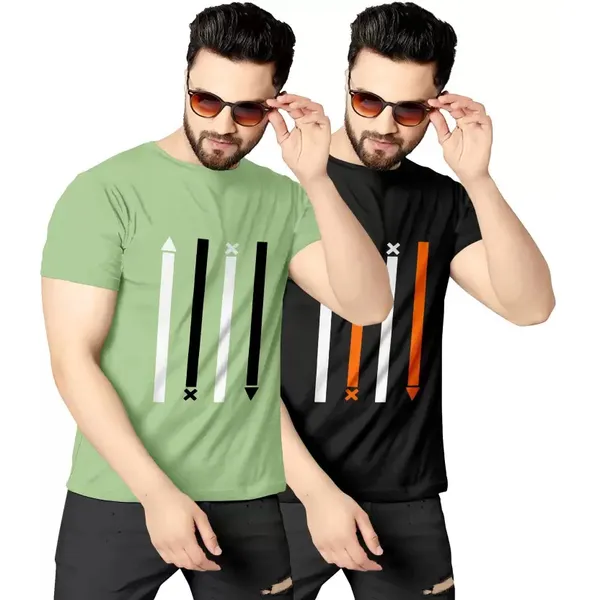 Pack_Of_2_Pista_&_Black_Self_Design_Polyester_Round_Neck_T-Shirt_For_Men