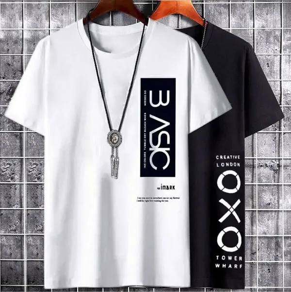 Pack_Of_2_White_&_Black_Stylish_Round_Nack_Half_Sleeve_Printed_Polyester_T-Shirt_For_Men