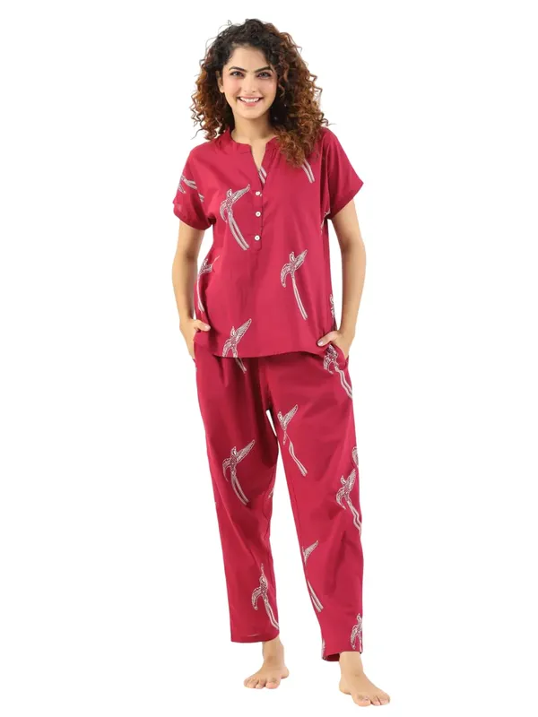 Red_BirdCotton_kurti_Pajama_Set_For_Women