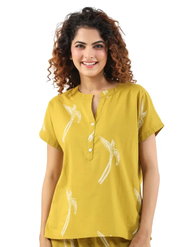 Yellow_Bird_Cotton_kurti_Pajama_Set_For_Women