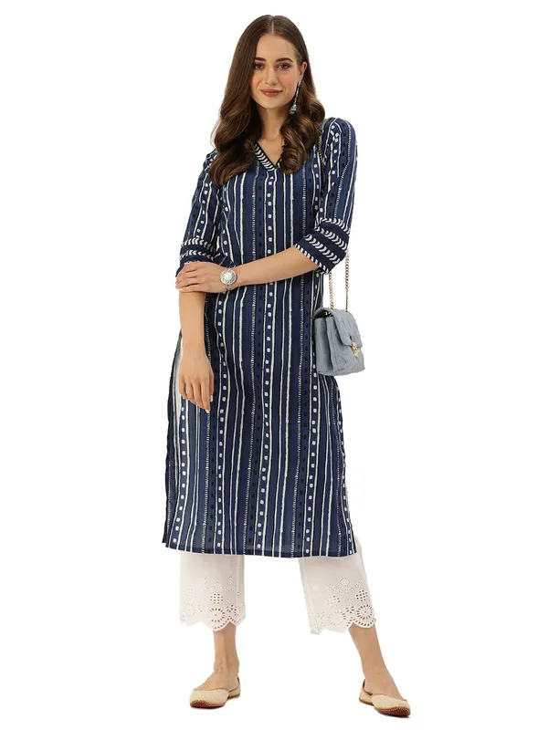 Blue_Cotton_Printed_Straight_Kurti_|_V-Neck_3/4_Sleeve_Kurta_For_Women