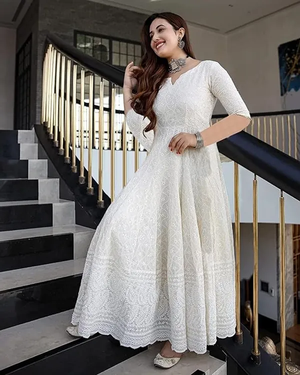 White_Rayon_Chickan_Kari_Gown_|_Push_PremiumFor_Women
