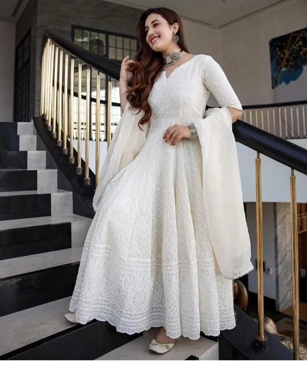 White_Rayon_Chickan_Kari_Gown_|_Push_PremiumFor_Women