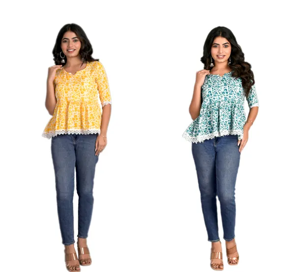 Yellow_&_Light_Blue_Rayon_Floral_Printed_Short_Top|Push_PremiumFor_Women