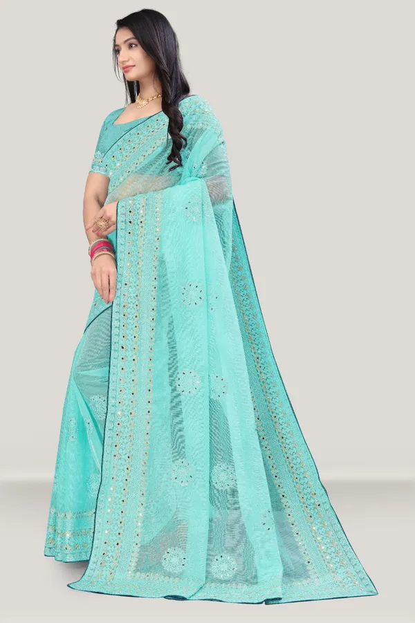 Mint_Green_Organza_Mirror_Work_Saree_For_Women_|_With_Blouse