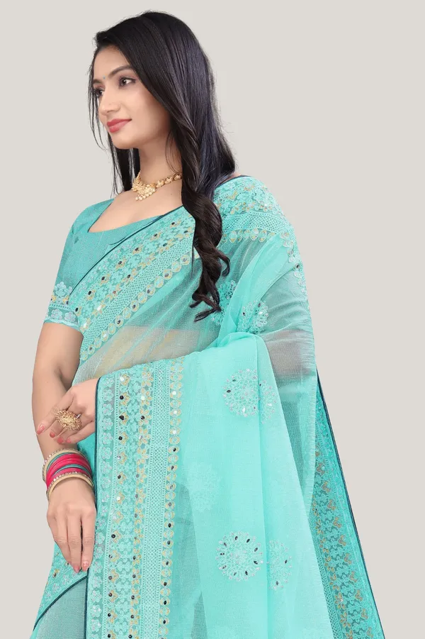 Mint_Green_Organza_Mirror_Work_Saree_For_Women_|_With_Blouse