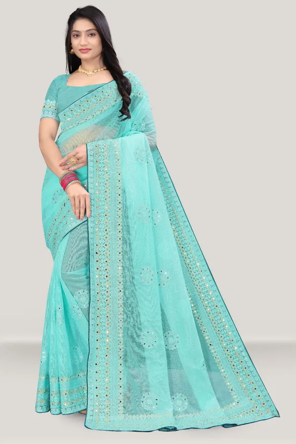 Mint_Green_Organza_Mirror_Work_Saree_For_Women_|_With_Blouse
