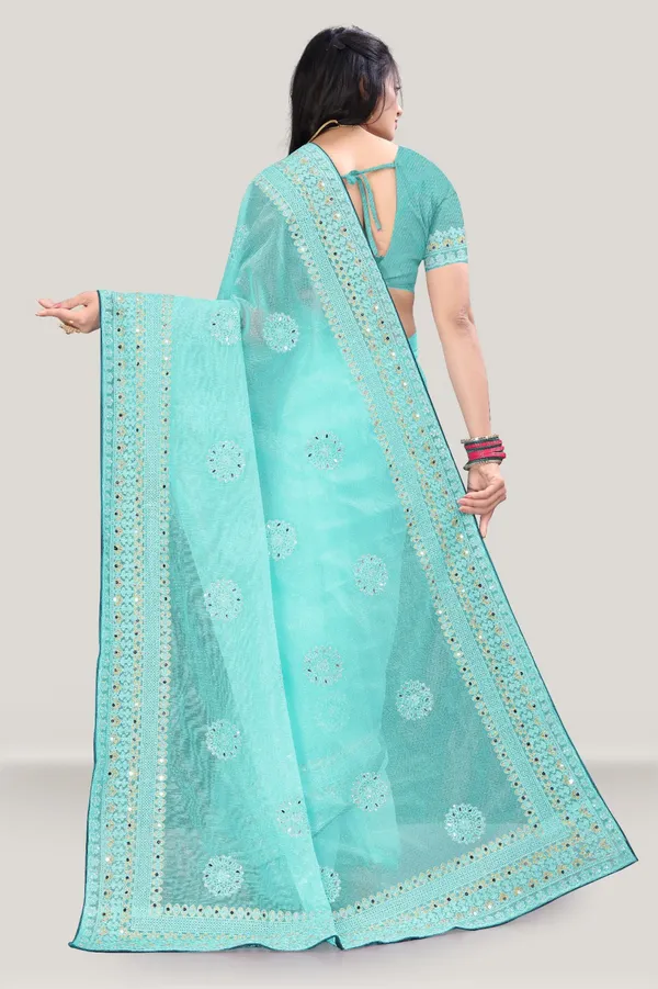 Mint_Green_Organza_Mirror_Work_Saree_For_Women_|_With_Blouse