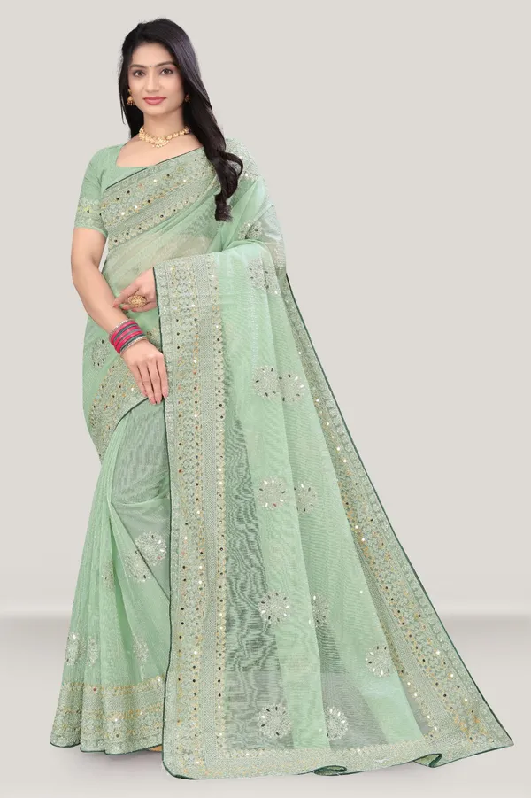 Pista_Organza_Mirror_Work_Organza_Saree_For_Women_With_Blouse