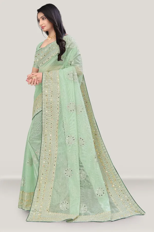 Pista_Organza_Mirror_Work_Organza_Saree_For_Women_With_Blouse