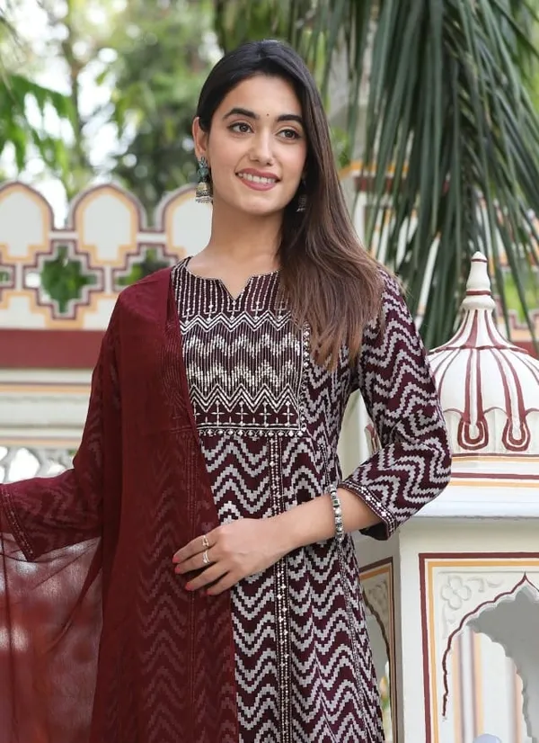 Brown_Rayon_Zig_Zag_Print_Kurta_Pant_&_Dupatta_Set_For_Women