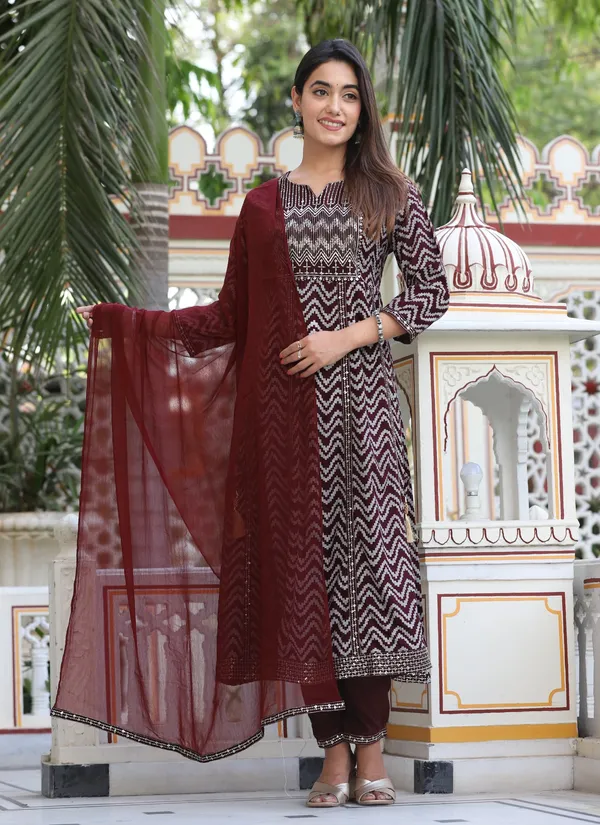 Brown_Rayon_Zig_Zag_Print_Kurta_Pant_&_Dupatta_Set_For_Women