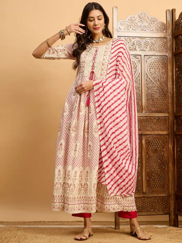 Cream_Cotton_Foil_Print_Long_One_Piece_For_Women