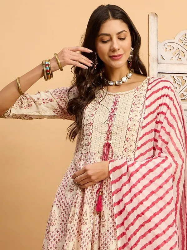 Cream_Cotton_Foil_Print_Long_One_Piece_For_Women