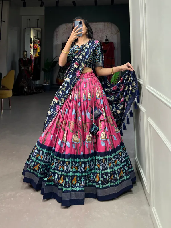 Pink_Tussar_Silk_Pichwai_and_Patola_Printed_Lehenga_Choli_For_Women