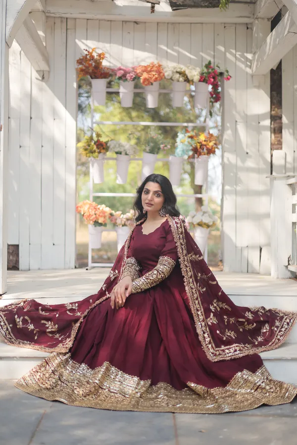 Dark_Maroon_Vichitra_Shimmer_With_Embroidered_Work_Gown_Push_Premium_For_Women