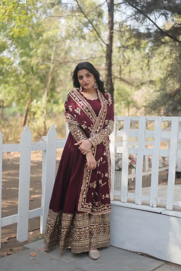 Dark_Maroon_Vichitra_Shimmer_With_Embroidered_Work_Gown_Push_Premium_For_Women