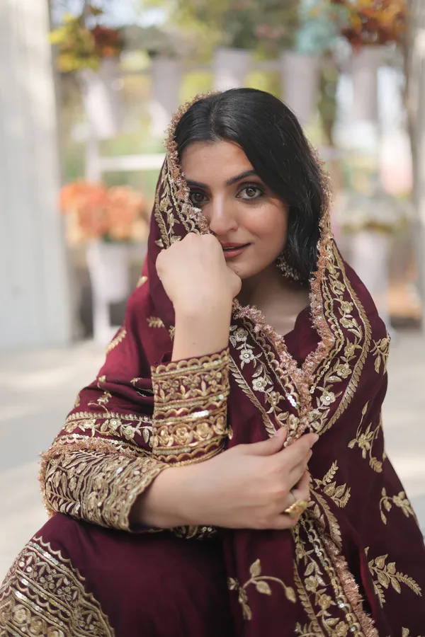 Dark_Maroon_Vichitra_Shimmer_With_Embroidered_Work_Gown_Push_Premium_For_Women