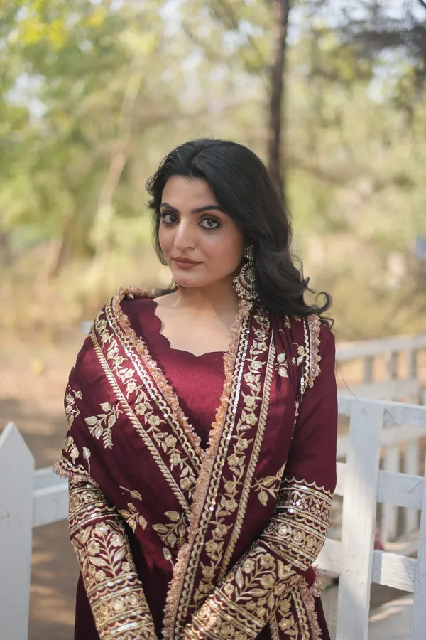 Dark_Maroon_Vichitra_Shimmer_With_Embroidered_Work_Gown_Push_Premium_For_Women