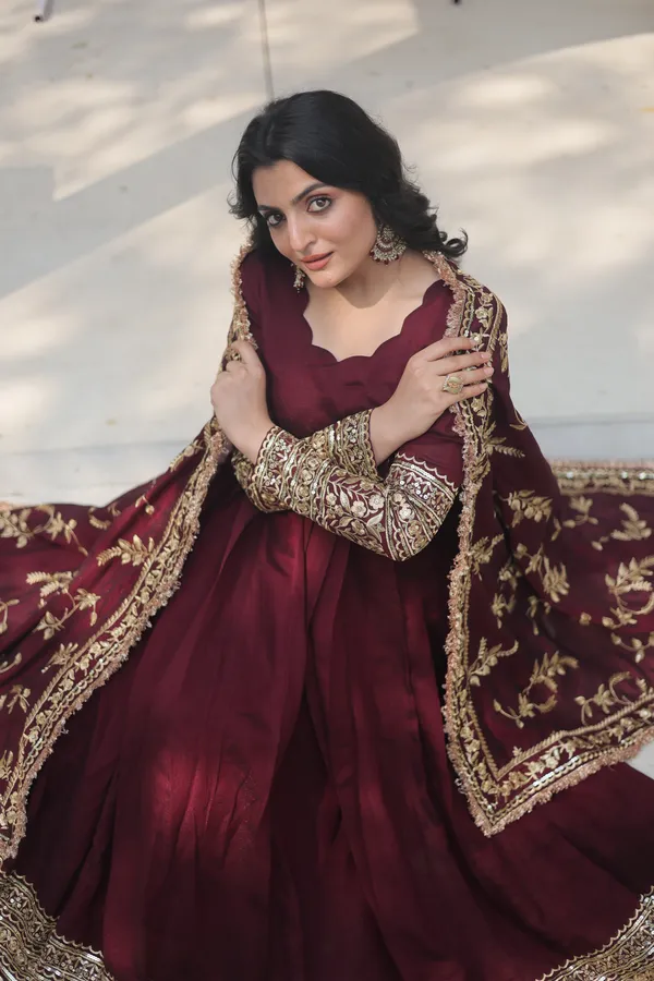 Dark_Maroon_Vichitra_Shimmer_With_Embroidered_Work_Gown_Push_Premium_For_Women