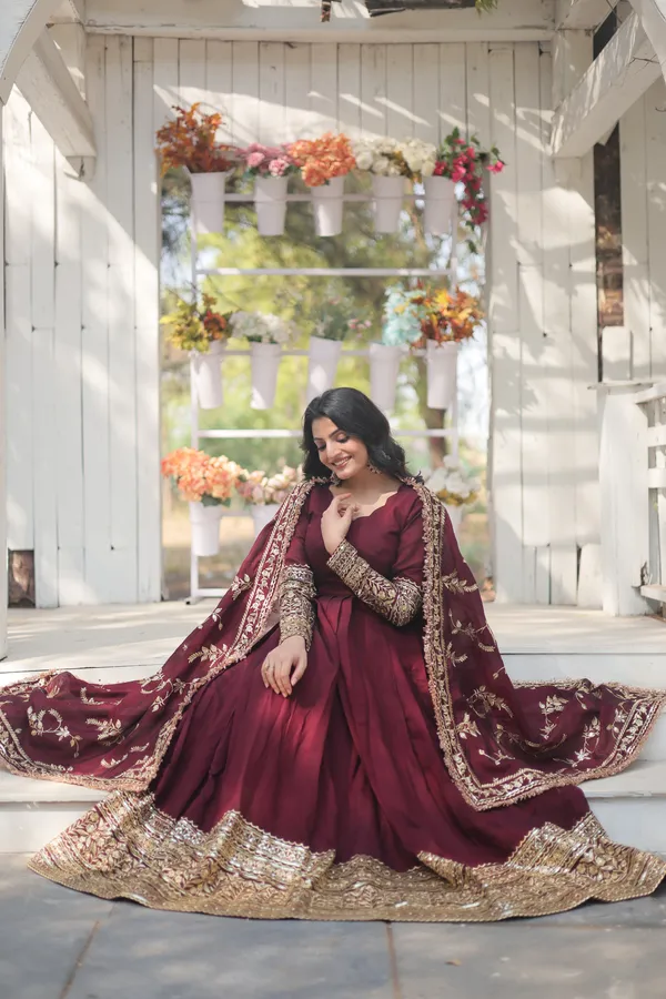 Dark_Maroon_Vichitra_Shimmer_With_Embroidered_Work_Gown_Push_Premium_For_Women