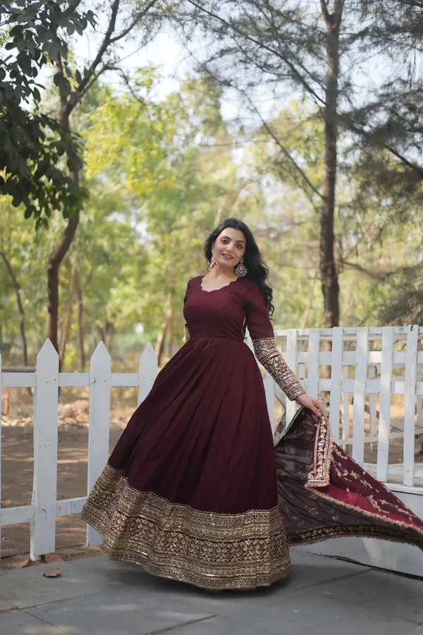 Dark_Maroon_Vichitra_Shimmer_With_Embroidered_Work_Gown_Push_Premium_For_Women