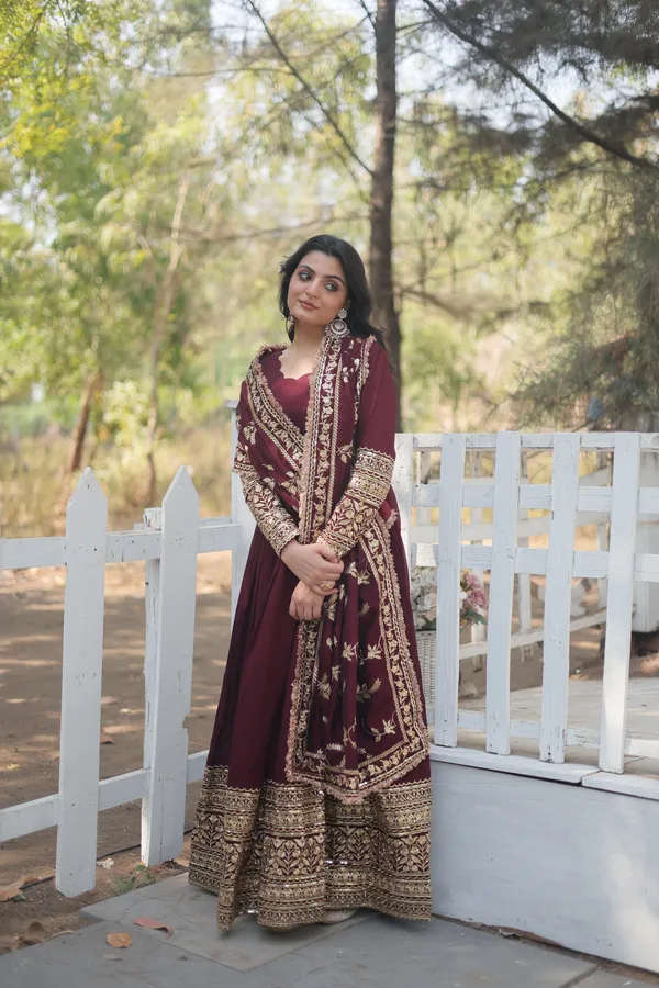 Dark_Maroon_Vichitra_Shimmer_With_Embroidered_Work_Gown_Push_Premium_For_Women