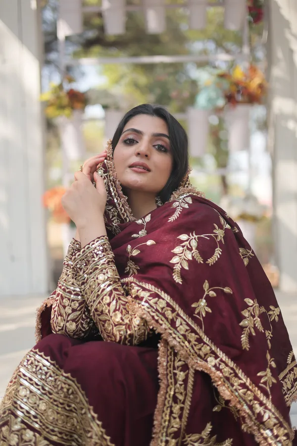 Dark_Maroon_Vichitra_Shimmer_With_Embroidered_Work_Gown_Push_Premium_For_Women