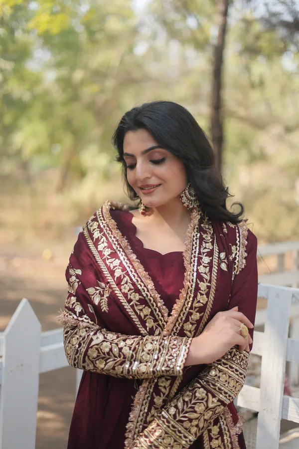 Dark_Maroon_Vichitra_Shimmer_With_Embroidered_Work_Gown_Push_Premium_For_Women