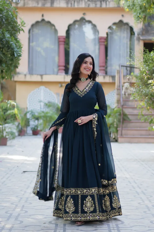 Dark_Green_Embroidery_Design_Gown_With_Dupatta_Set_Push_premium_For_Women