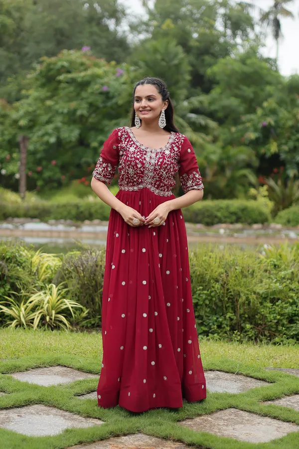 Marron_Faux_Blooming_with_Embroidery_Zari__Gowns_For_Women