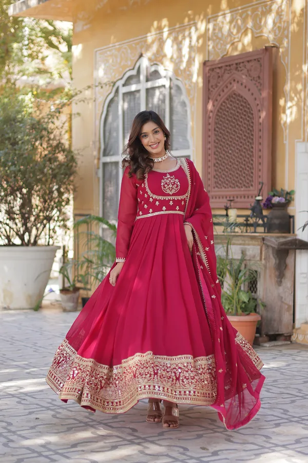 Pink_Embroidery_Faux_Design_Solid_Anarkali_Kurta_With_Dupatta_Set_Push_premium_For_Women