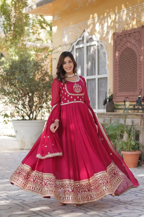 Pink_Embroidery_Faux_Design_Solid_Anarkali_Kurta_With_Dupatta_Set_Push_premium_For_Women