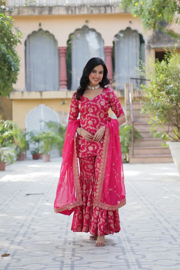 Regal_Pink_Viscose_Georgette_Jacquard_Sharara_Suit_with__Embroidery_For_Women