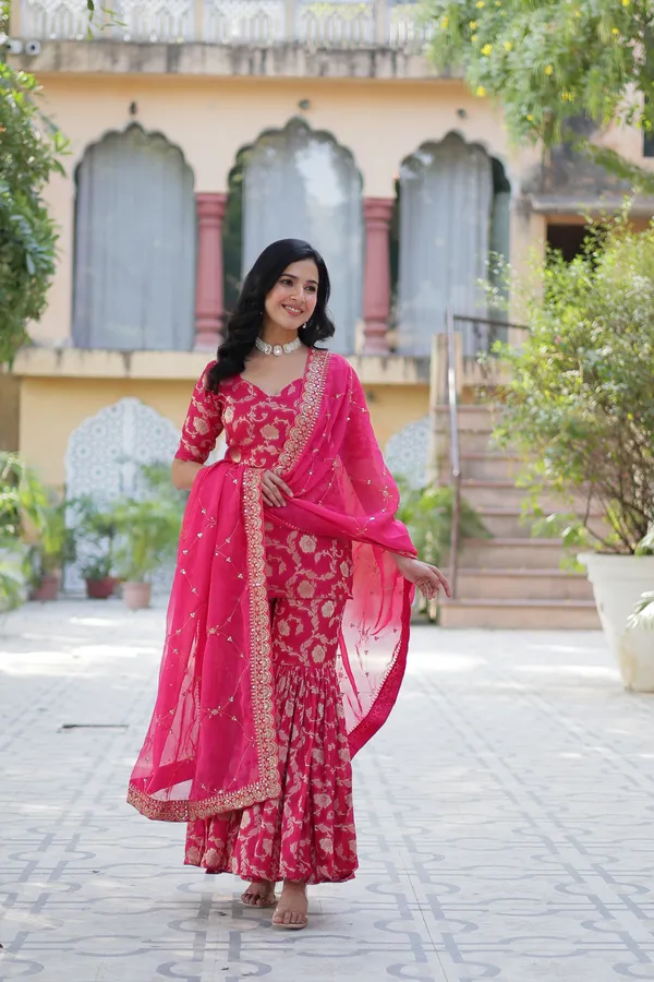 Regal_Pink_Viscose_Georgette_Jacquard_Sharara_Suit_with__Embroidery_For_Women