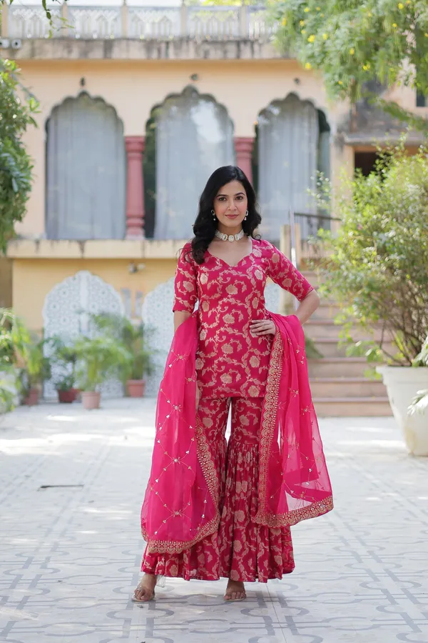 Regal_Pink_Viscose_Georgette_Jacquard_Sharara_Suit_with__Embroidery_For_Women