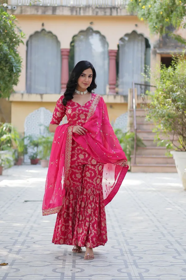 Regal_Pink_Viscose_Georgette_Jacquard_Sharara_Suit_with__Embroidery_For_Women