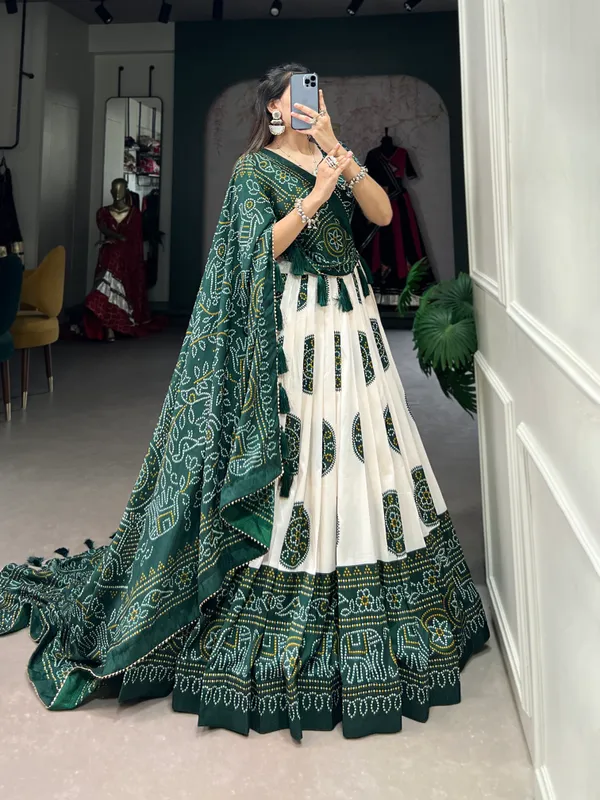 Green_Artistry_in_Silk:_Tussar_Lehenga_Choli_with_Bandhej_Print_For_Women