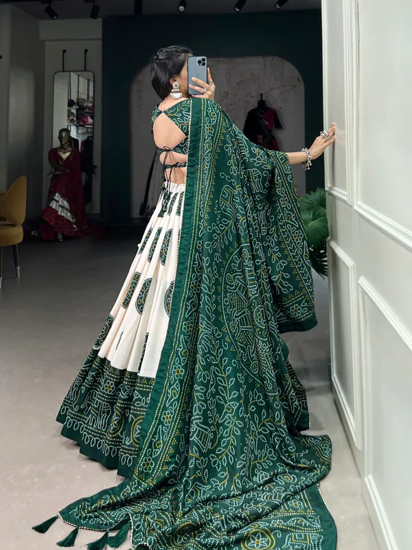 Green_Artistry_in_Silk:_Tussar_Lehenga_Choli_with_Bandhej_Print_For_Women