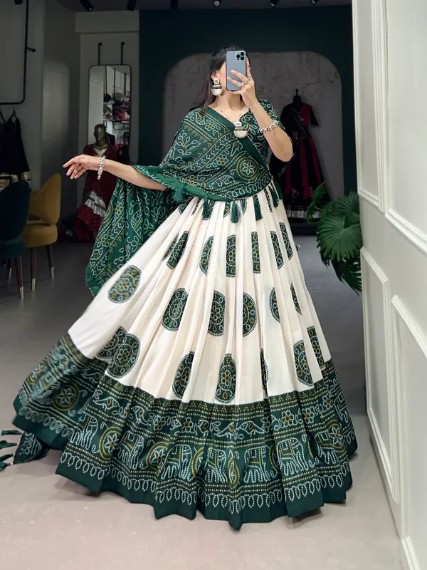 Green_Artistry_in_Silk:_Tussar_Lehenga_Choli_with_Bandhej_Print_For_Women